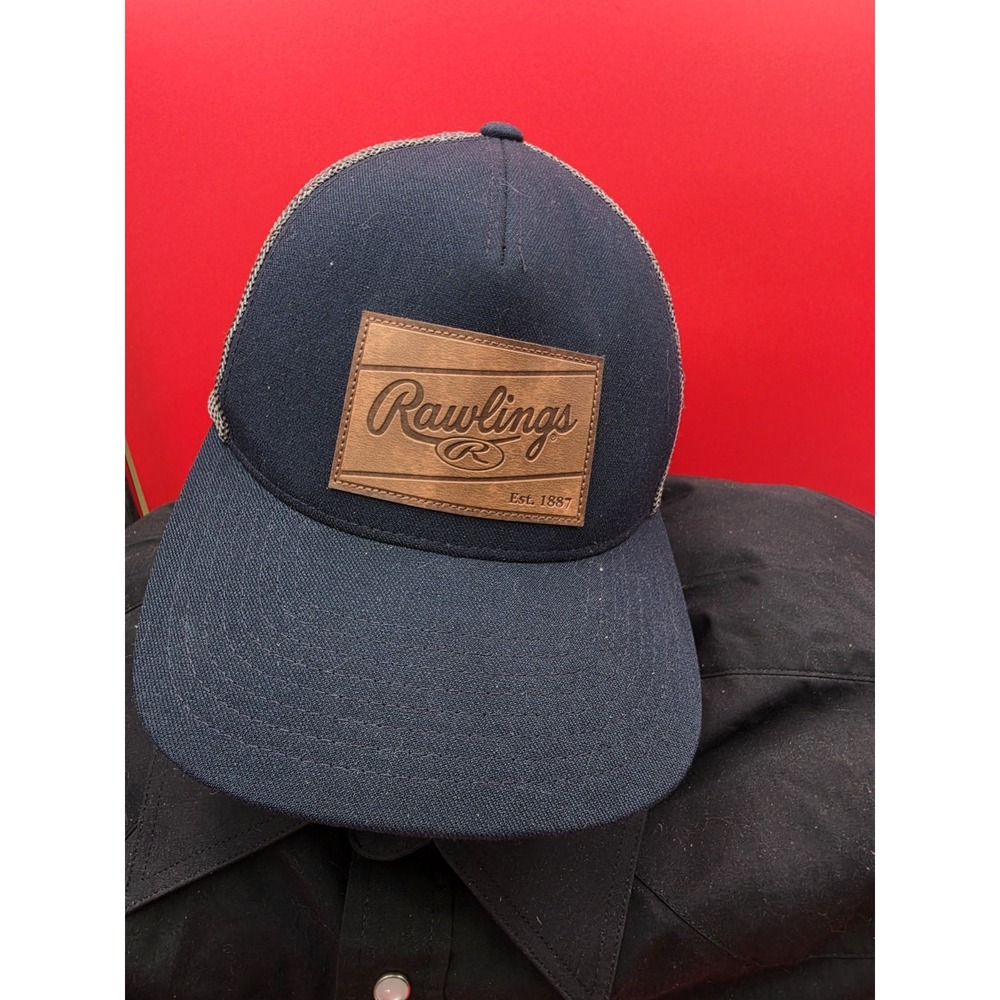 Rawlings Trucker Hat Mens OSFM Gray Leather Patch Snapback Flexfit 110 Cap